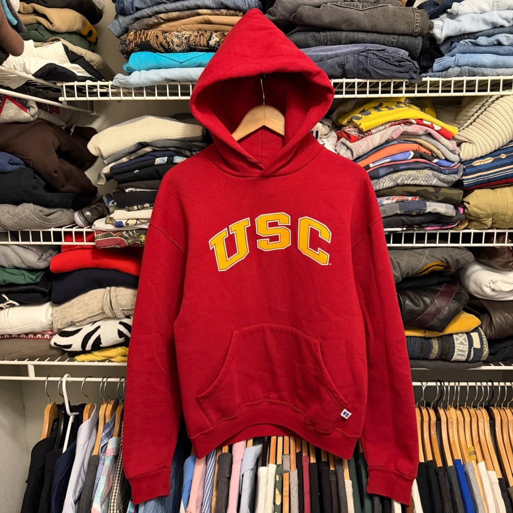 Vintage USC Russell Athletic Hoodie Mens M Red Trojans College Sweatshirt Logo
